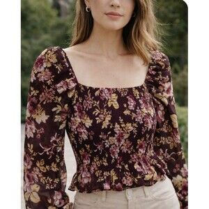 Express Brown Floral Cropped Top Smocked  Long Sleeve Sheer Small Fairy Coquette